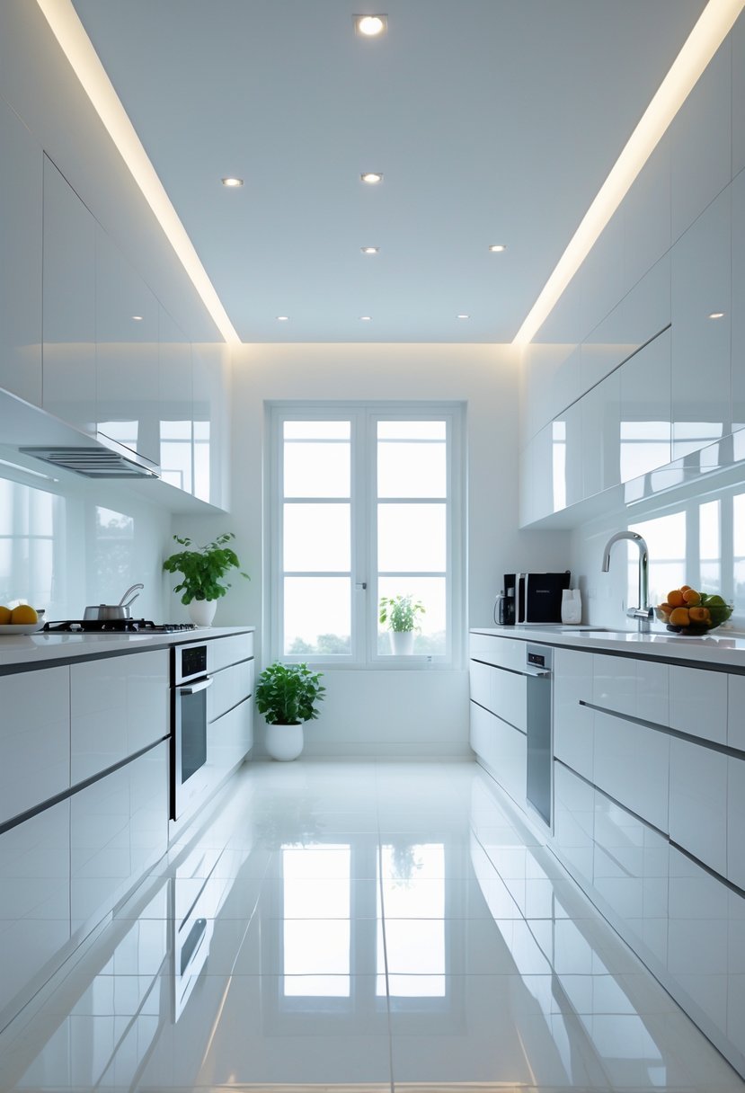 Bright kitchen with white cabinets and shiny white ceramic tile floor illuminated by natural light.