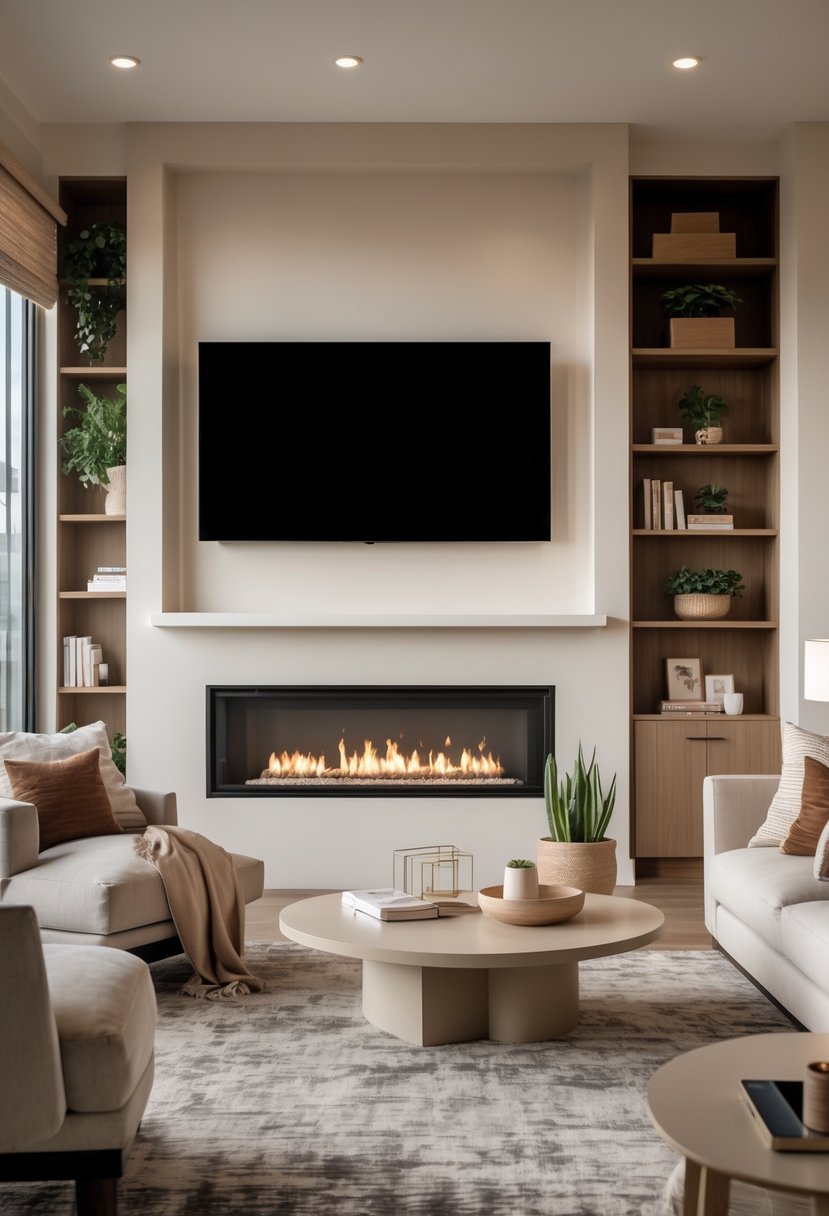 A living room with a fireplace and a large TV, featuring a sofa, coffee table, and decorative elements.