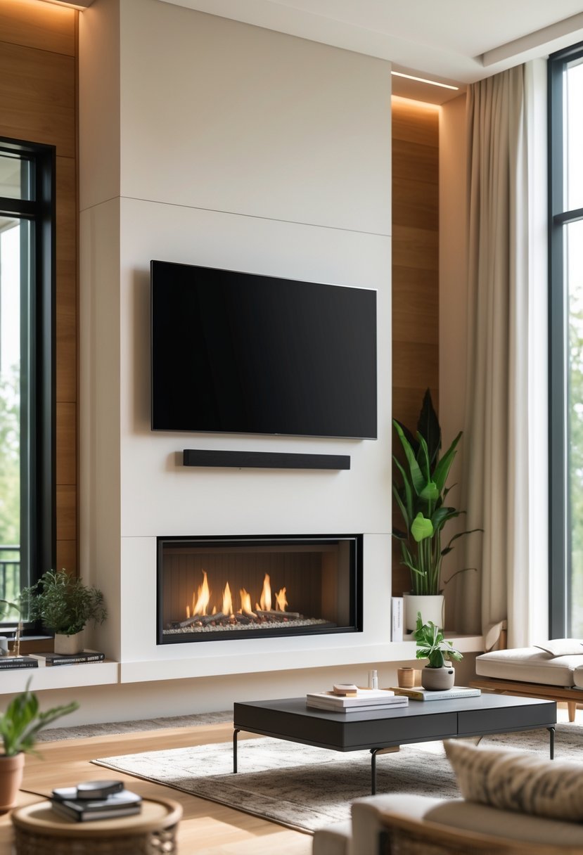 Living room with a flat-screen TV mounted above a fireplace using a heat-resistant mount, surrounded by cozy furniture and decor.