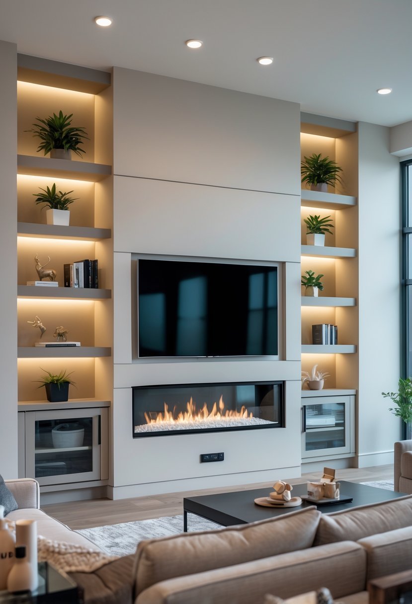 Living room with a built-in media wall featuring a fireplace below a mounted TV, surrounded by shelves and cozy seating.