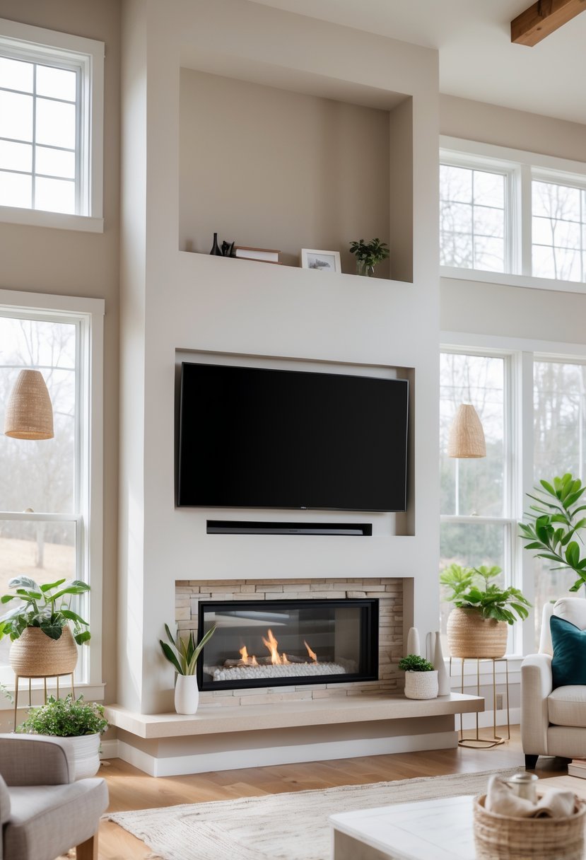 Living room with a fireplace and a flat-screen TV placed in a recessed niche above it, surrounded by comfortable seating and natural light.