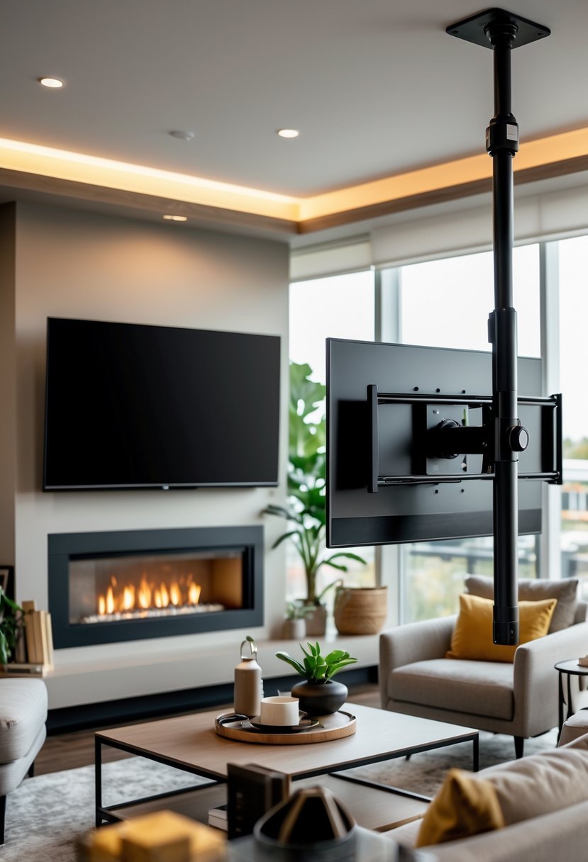A living room with a flat-screen TV on a swivel arm above a fireplace, surrounded by comfortable seating.