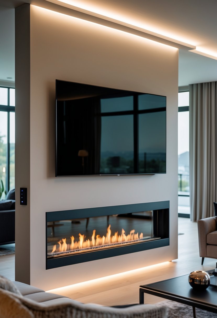 Living room with a linear fireplace installed below a wall-mounted television.