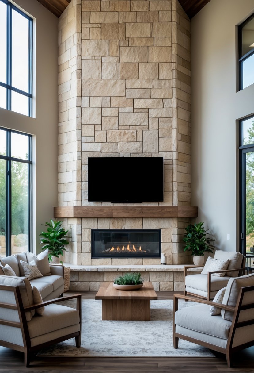 Living room with a stone fireplace wall and a flat-screen TV mounted above the fireplace, surrounded by seating and natural light.