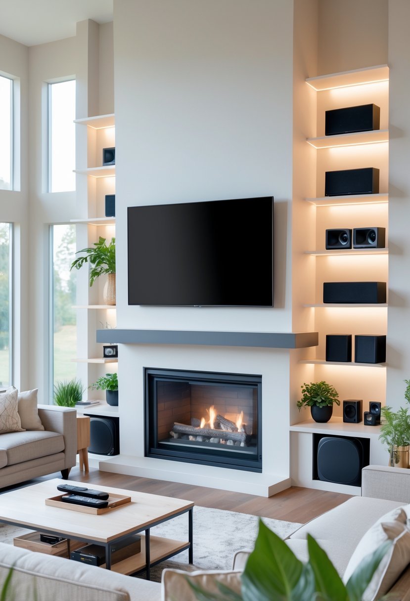 Living room with a fireplace and floating shelves on both sides holding TV accessories, with a flat-screen TV mounted above the fireplace.