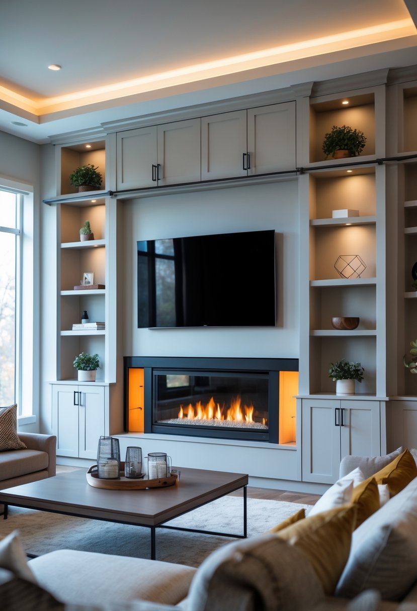 Living room with a fireplace surrounded by built-in cabinets framing a TV above it, with a sofa and coffee table nearby.