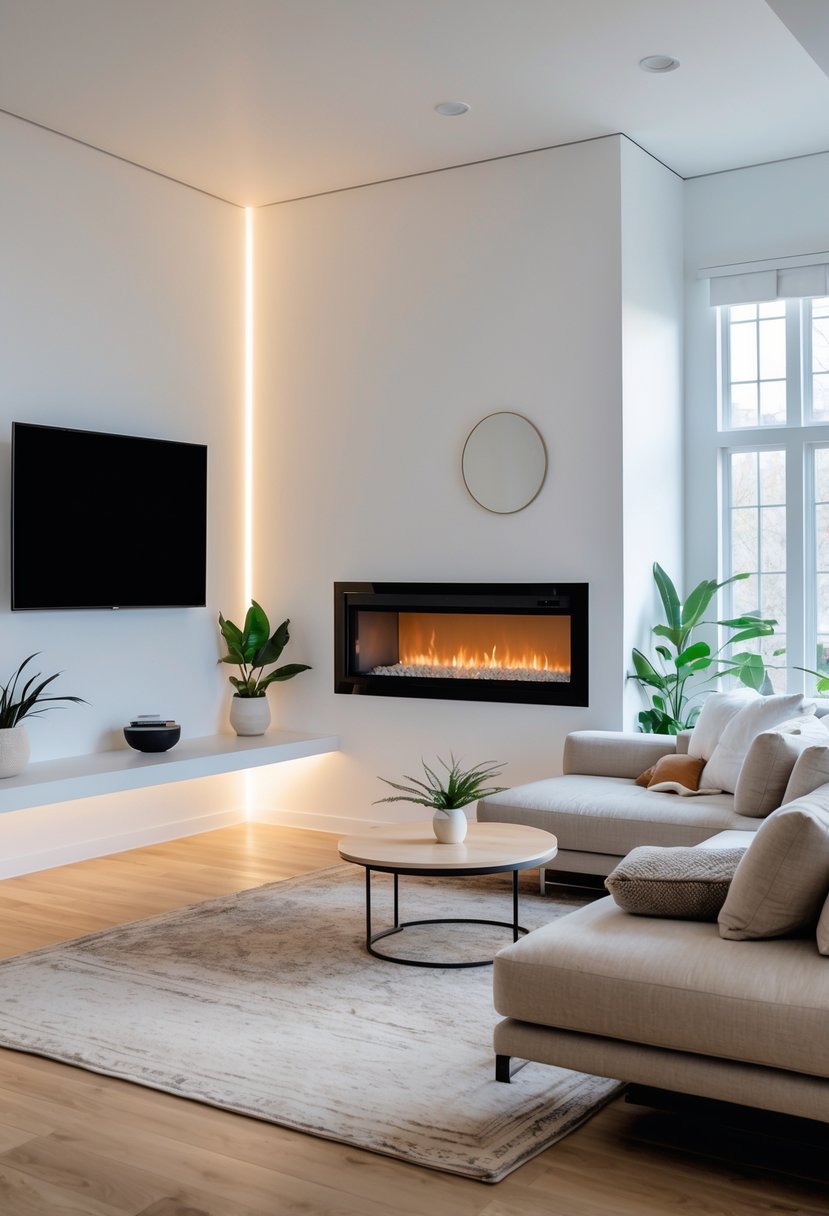 Living room with a TV and fireplace side by side on the same wall, featuring a sofa, coffee table, and natural light from large windows.
