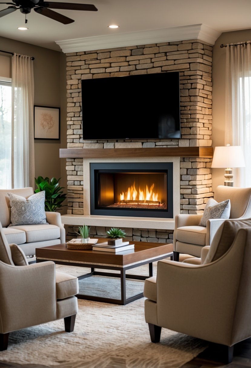 Living room with sofa and chairs arranged between a TV and a fireplace.