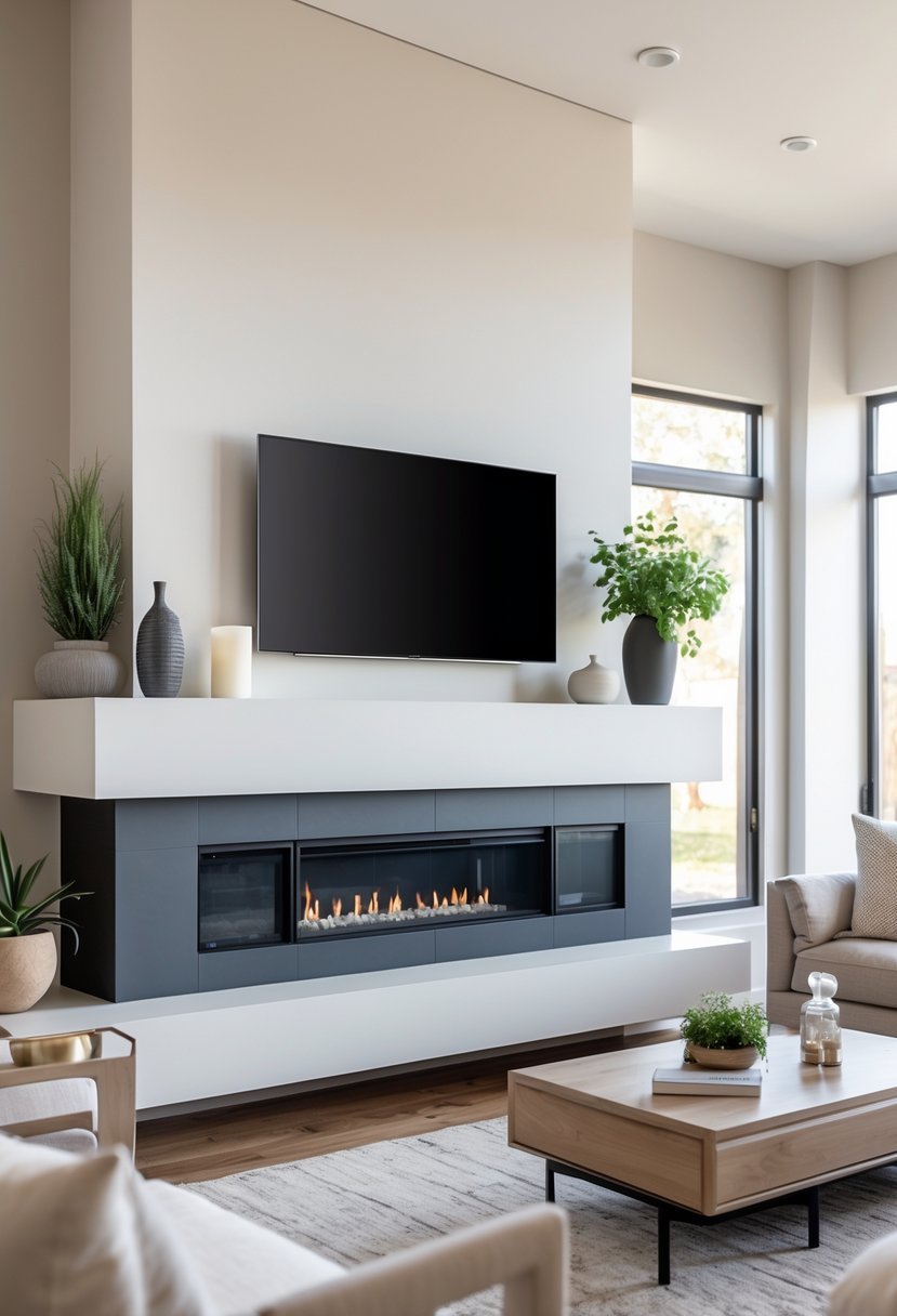 A living room with a fireplace and a wide mantel holding decorative items and a TV remote, with a flat-screen TV nearby and comfortable seating.