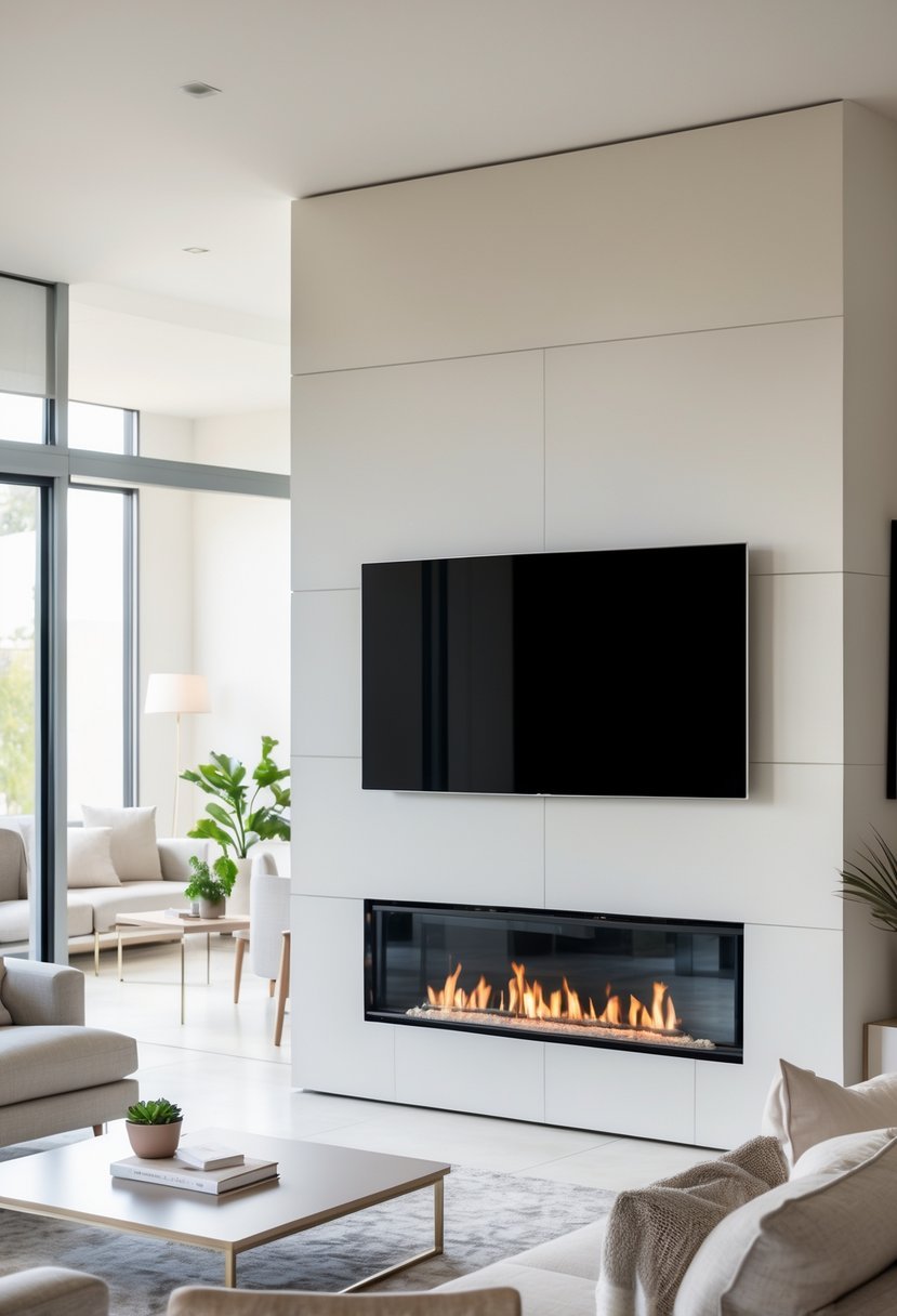 A living room with a slim flat-screen TV mounted near a fireplace on a clean wall, with a sofa and coffee table in the foreground.