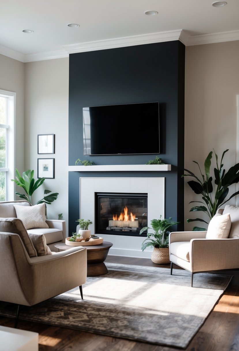 Living room with a dark painted fireplace wall highlighting a TV mounted above the fireplace, surrounded by comfortable seating and decor.