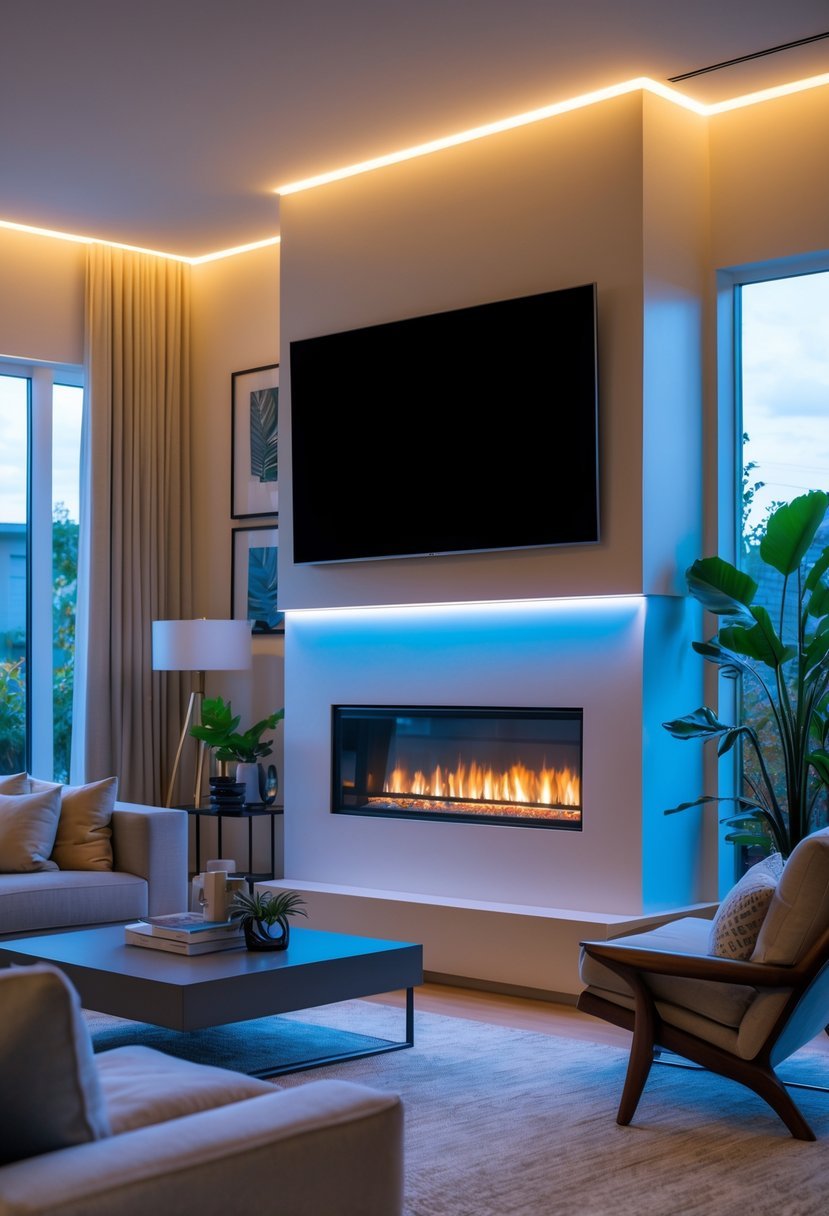 A living room with a fireplace, a large TV, adjustable smart lighting, a sofa, and decorative plants.