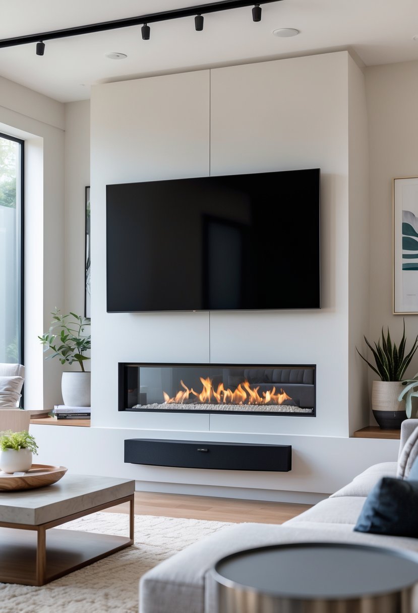 Living room with a fireplace, flat-screen TV mounted above it, and a soundbar placed below the TV.