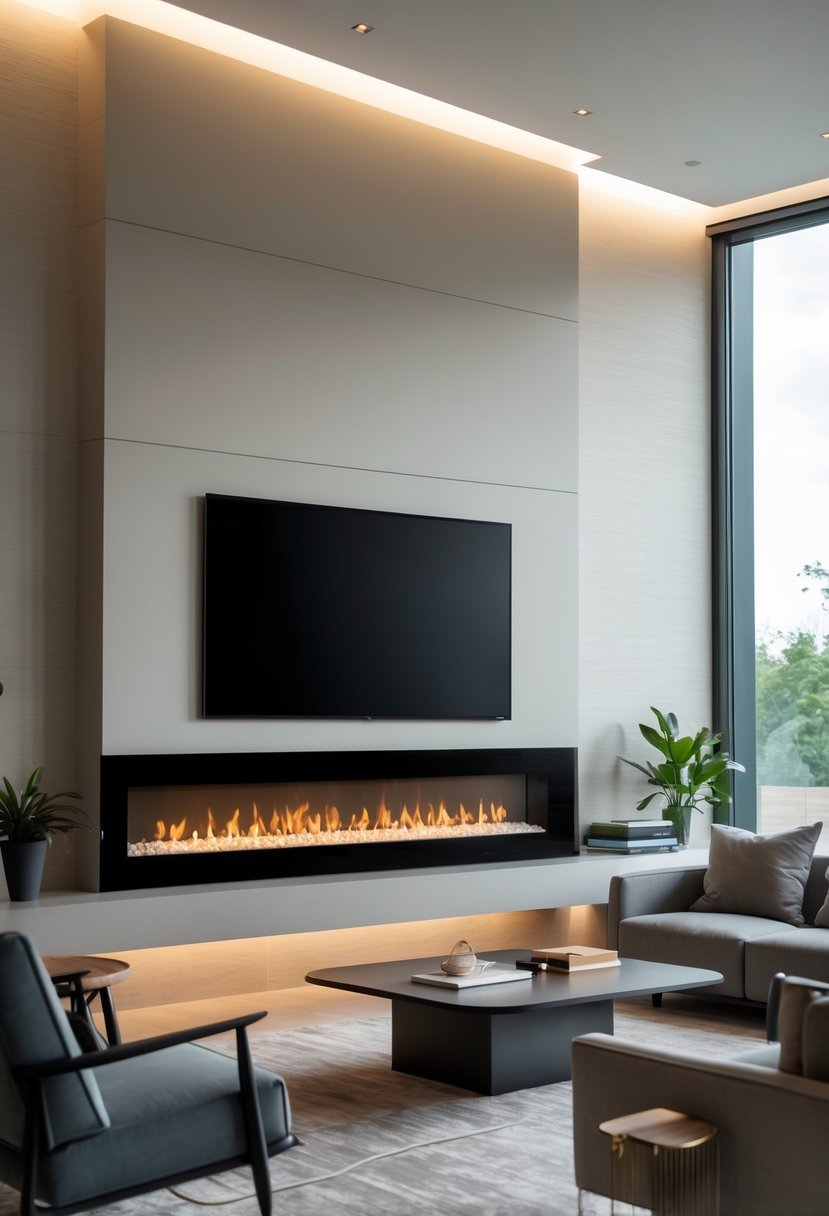 Living room with a wall-mounted flat-screen TV above an integrated electric fireplace, surrounded by comfortable seating and decorative elements.