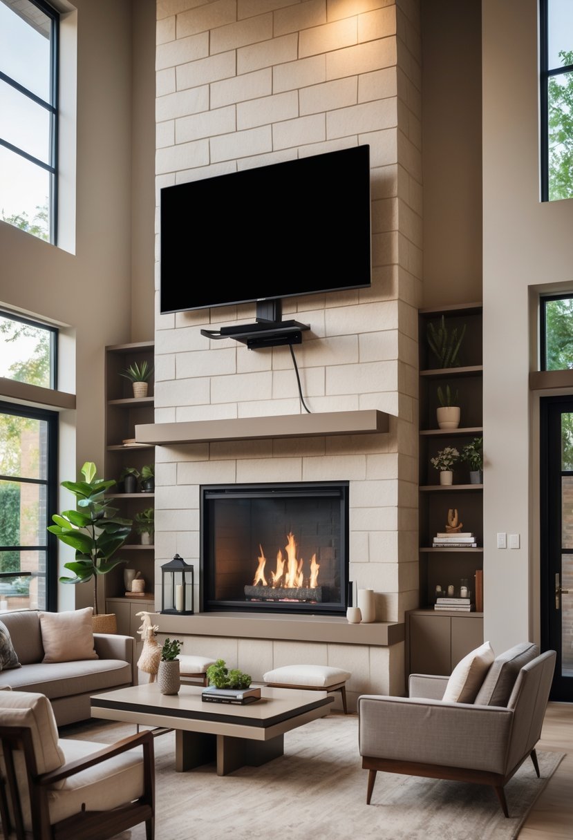Living room with a high fireplace and a flat-screen TV mounted above it on a tilting mount, angled downward, with comfortable seating and natural light.