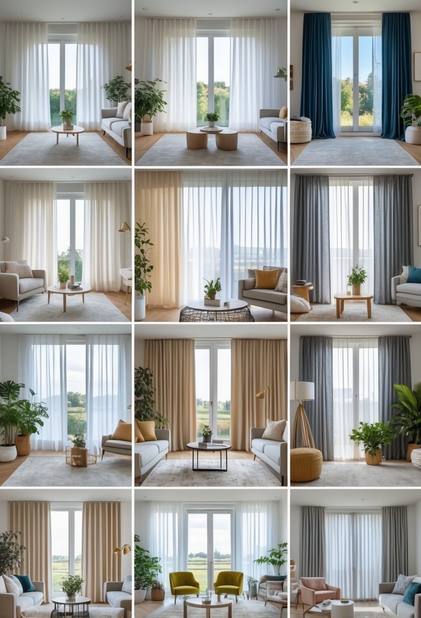 A living room with multiple large windows, each featuring different styles of curtains and blinds, with furniture and plants around.