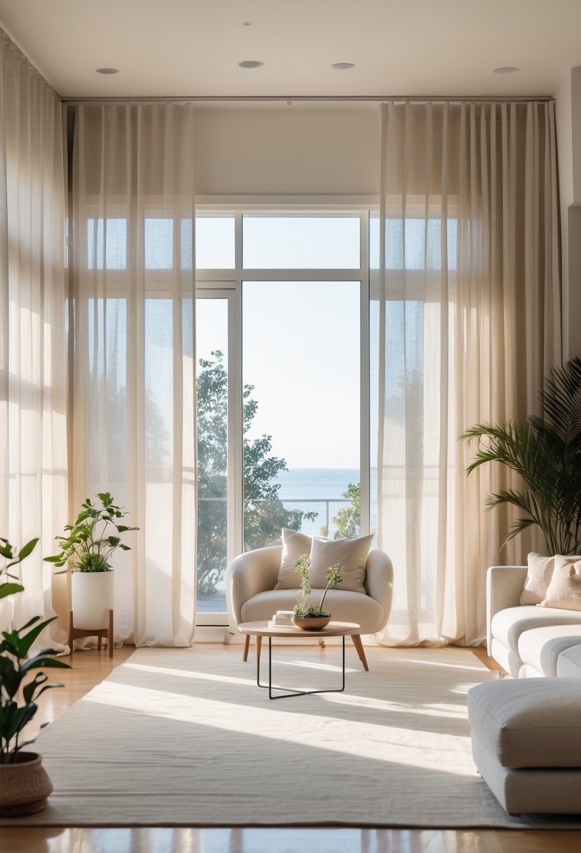 Living room with large windows covered by sheer linen curtains allowing natural light to fill the space.