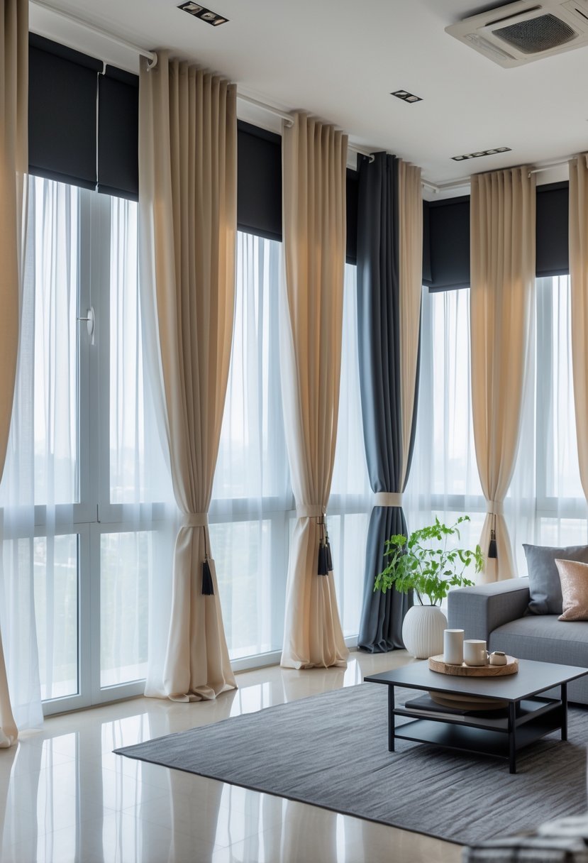 A living room with large windows covered by layered curtains including sheer and blackout panels, some open and some closed.