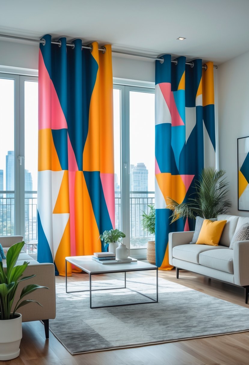 Living room with large windows covered by bold geometric patterned curtains, featuring a sofa, coffee table, and plants.