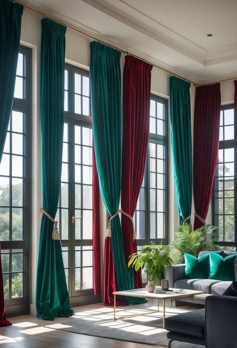 A bright living room with many large windows covered by rich velvet curtains in deep jewel colors, with comfortable furniture and plants.