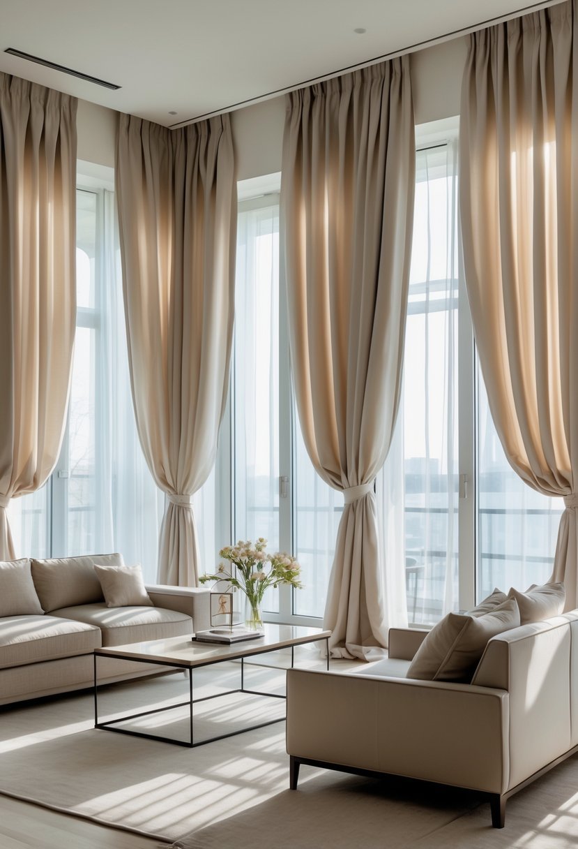 A bright living room with large windows covered by light-colored silk curtains and modern furniture.
