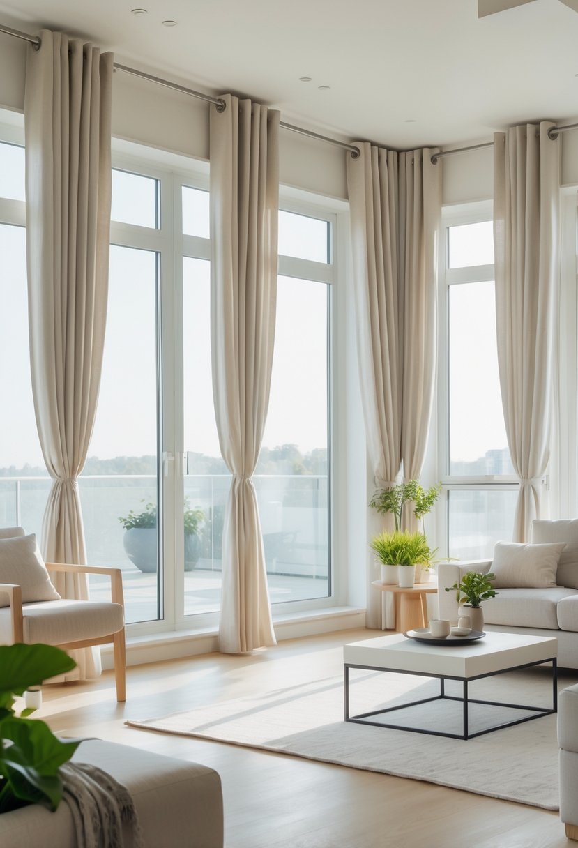 A bright living room with large windows covered by light-colored curtains, a sofa, coffee table, and plants.