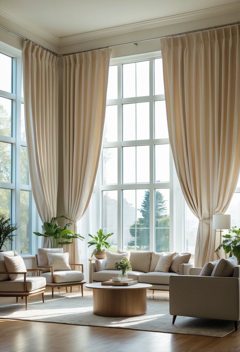 A bright living room with large windows covered by elegant curtains, furnished with a sofa, armchairs, a coffee table, and indoor plants.