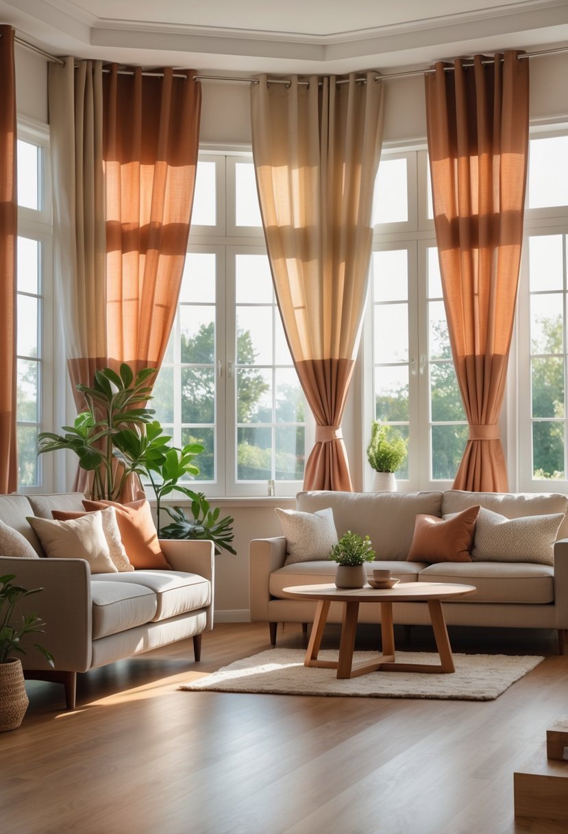 Living room with large windows covered by light-filtering curtains in warm earth tones, furnished with a sofa, coffee table, and plants.