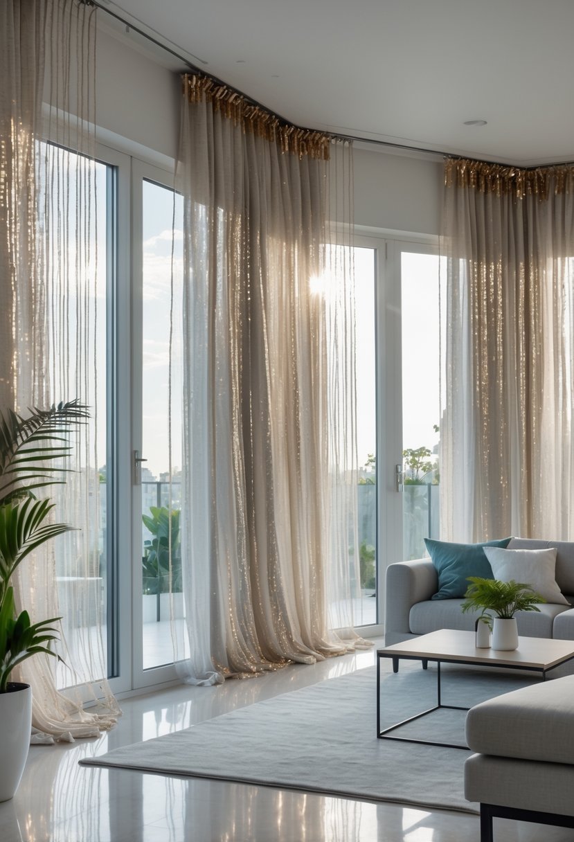 A bright living room with 20 large windows covered by shimmering curtains with metallic threads, featuring a sofa and indoor plants.
