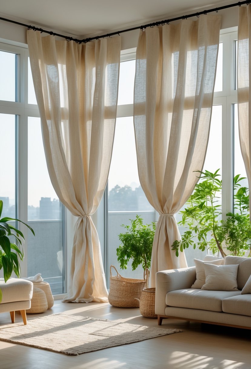 Living room with large windows covered by textured woven cotton curtains, sunlight filtering through, and comfortable furniture nearby.