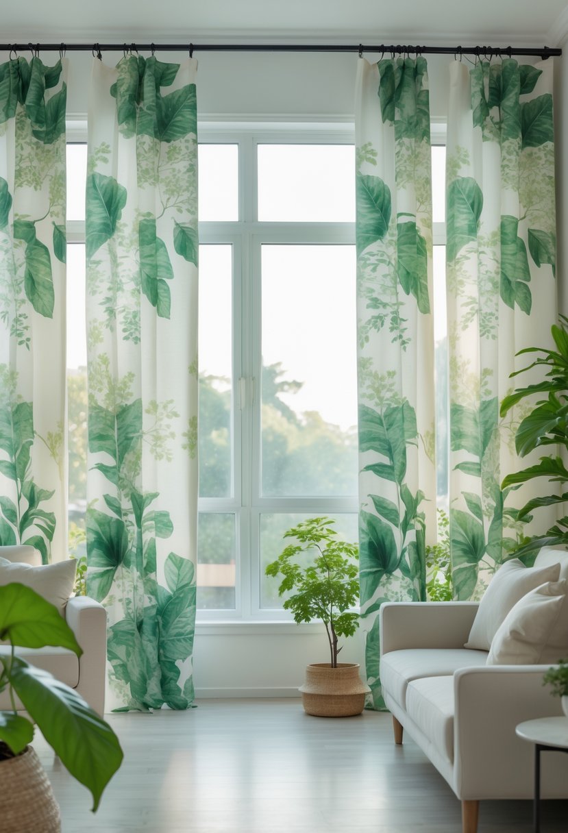 Living room with large windows covered by curtains featuring botanical leaf prints, with natural light and indoor plants.