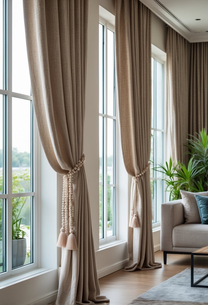 Living room with large windows covered by floor-length curtains with decorative tassels, sunlight filling the space and modern furniture arranged neatly.