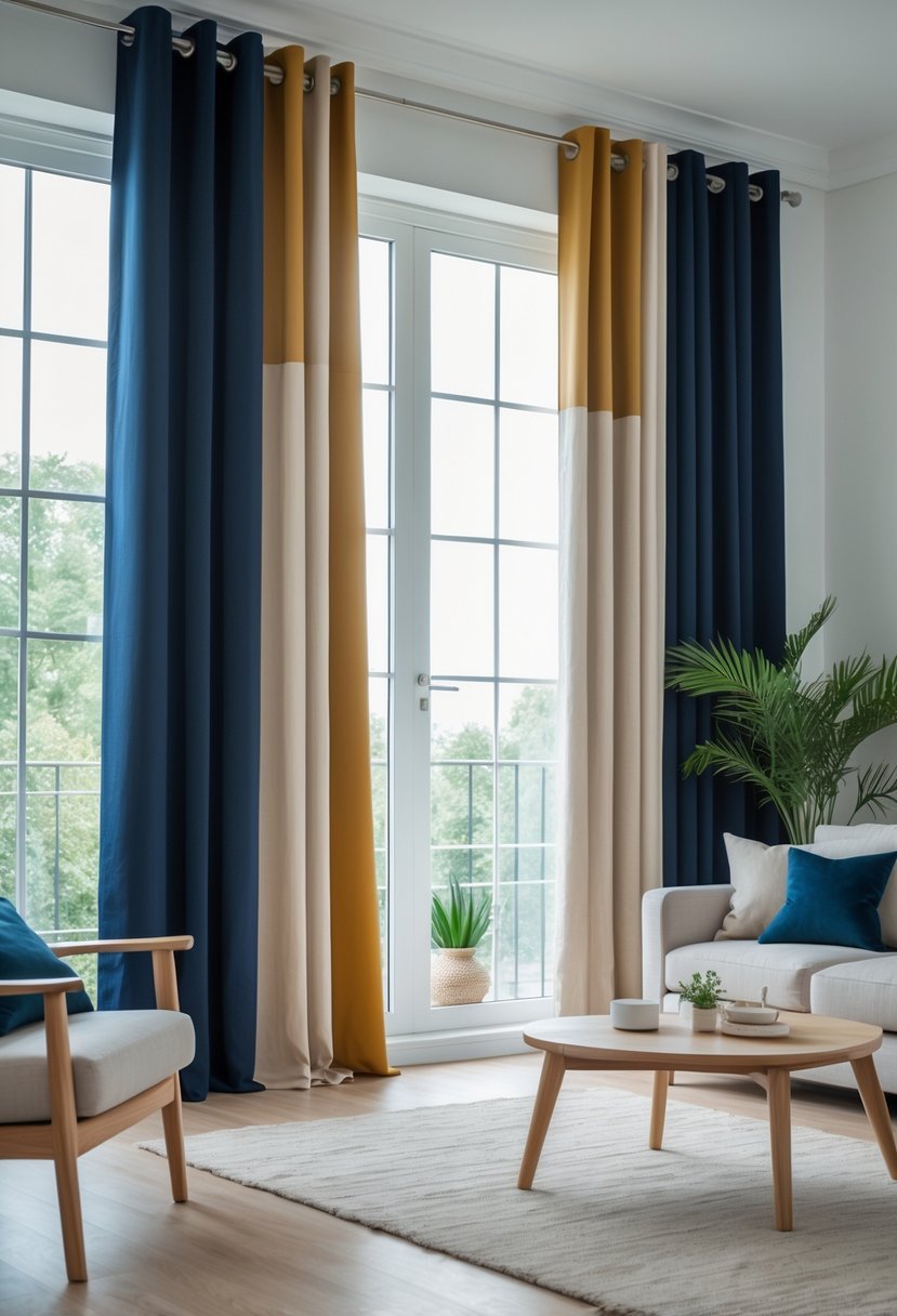 Living room with large windows covered by colorful curtains featuring multiple color panels, bright natural light, and a cozy seating area.
