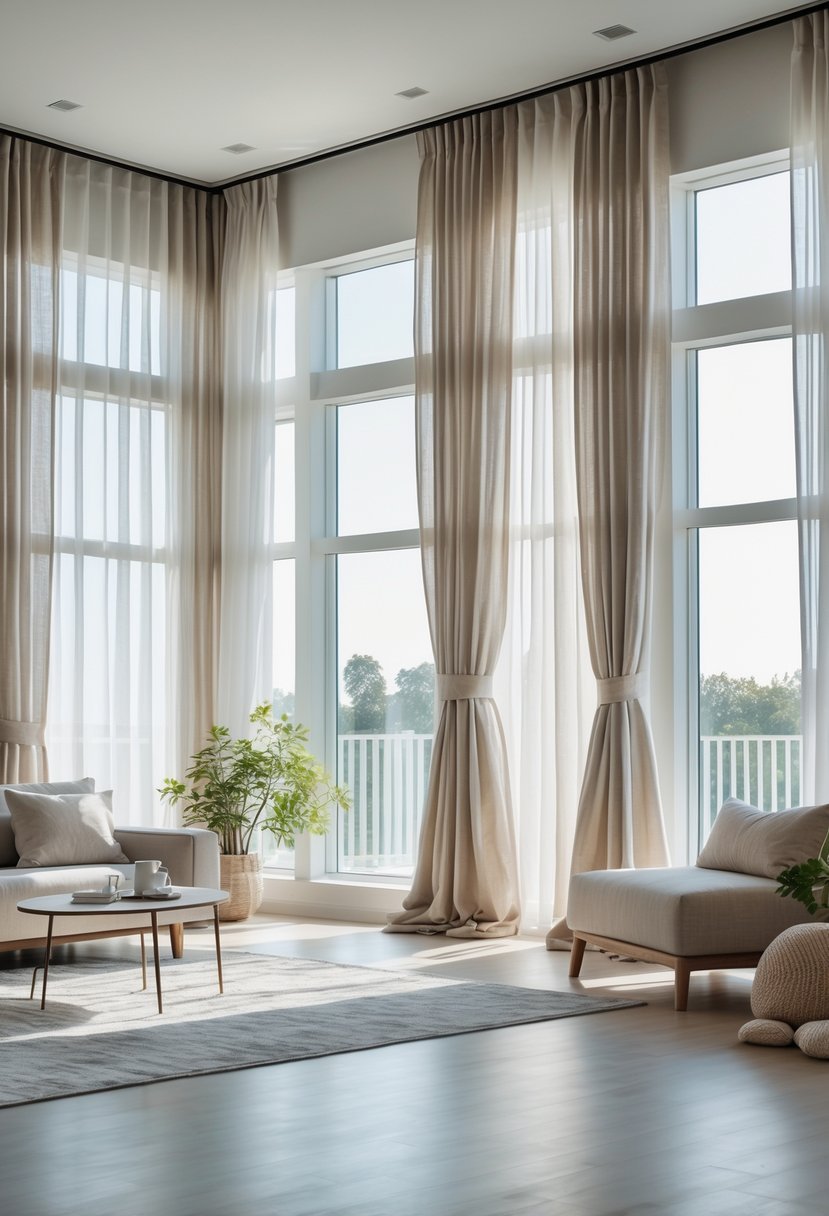 A bright living room with 20 large windows covered by light-colored curtains, sunlight streaming in, and simple furniture arranged around the space.