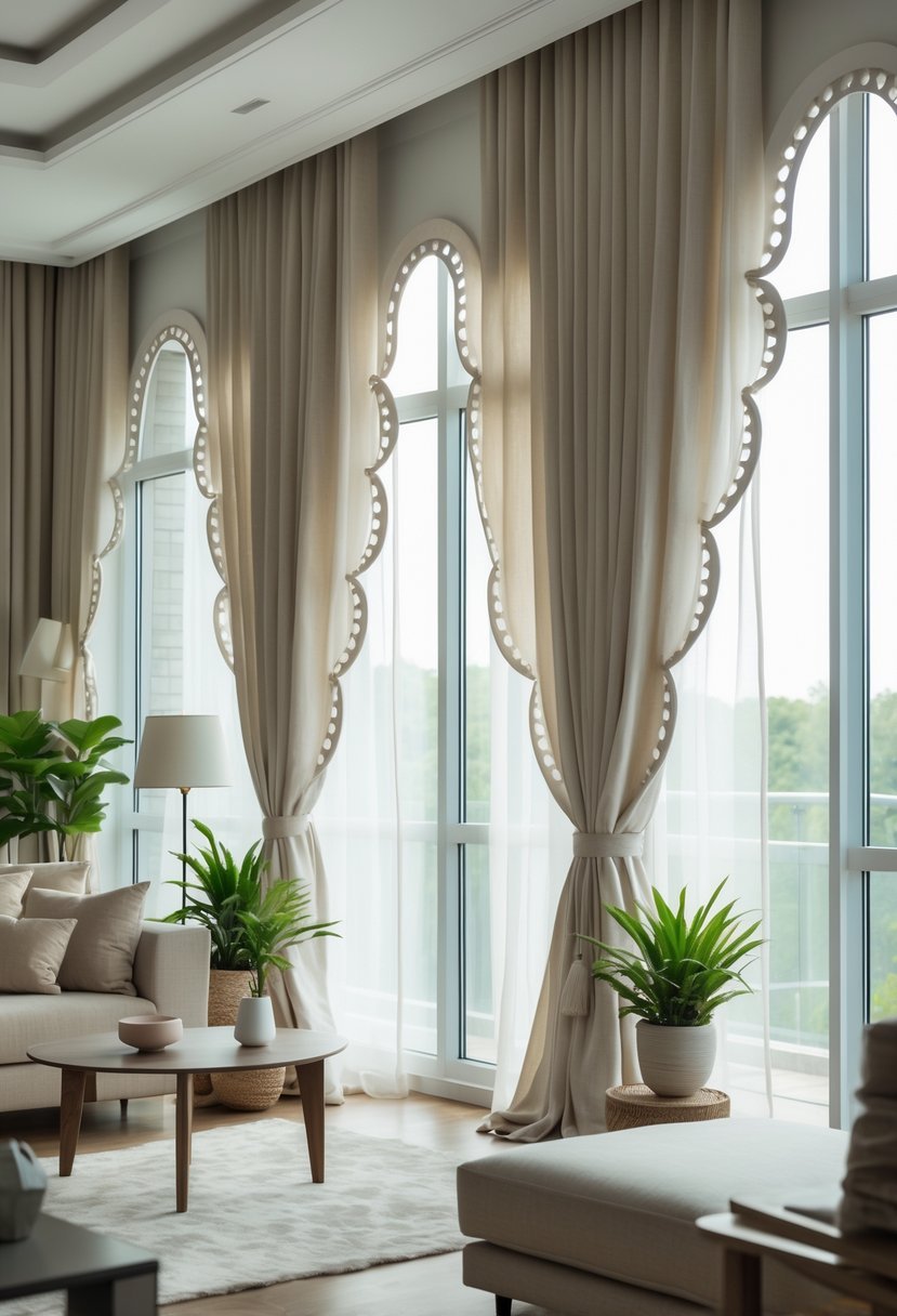 A bright living room with large windows covered by soft curtains featuring scalloped edges.