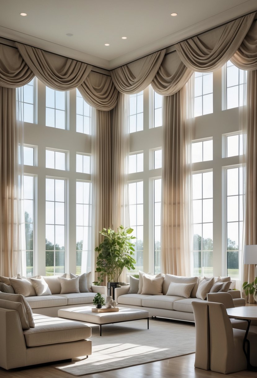 A bright living room with 20 large windows covered by layered valances and long drapes, featuring comfortable seating and natural light.