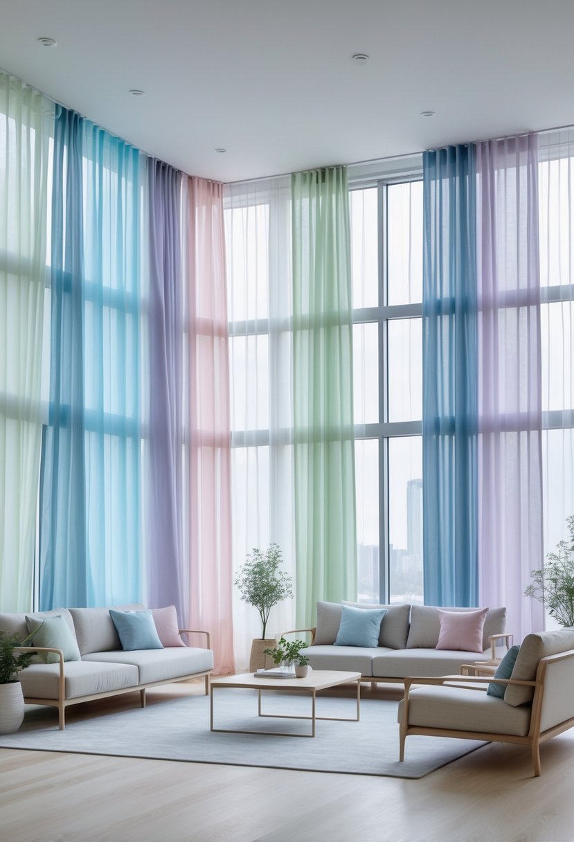 Living room with large windows covered by pastel-colored curtains allowing soft natural light inside, with comfortable furniture and plants.