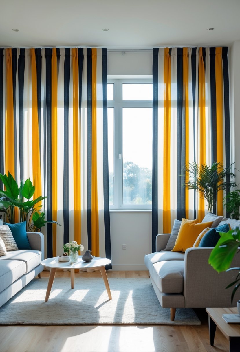 A living room with a large window covered by bold striped curtains, with furniture and natural light filling the space.