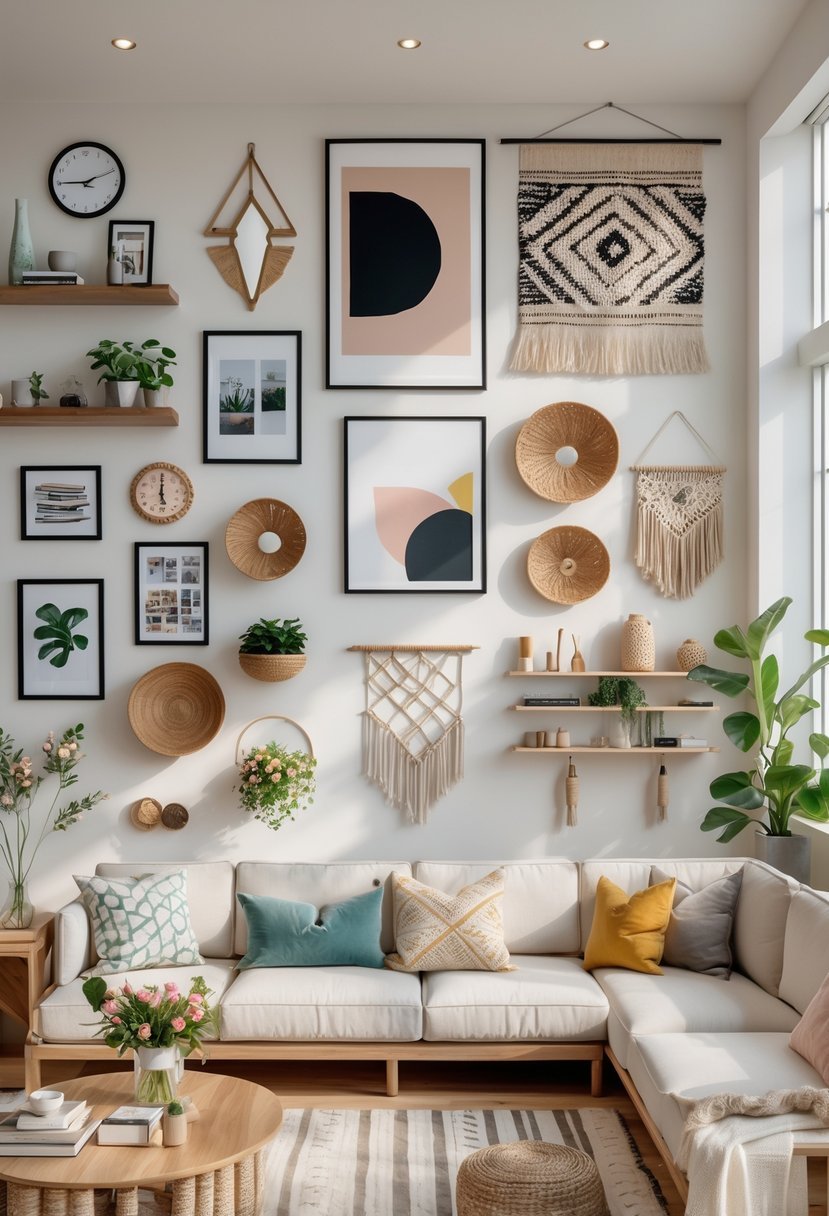 A well-lit living room with various wall decorations including framed art, mirrors, shelves with plants, and tapestries arranged on the walls.