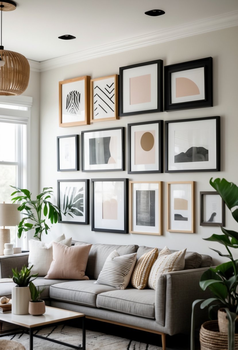 Living room with a gallery wall displaying a variety of framed pictures above a sofa and coffee table.