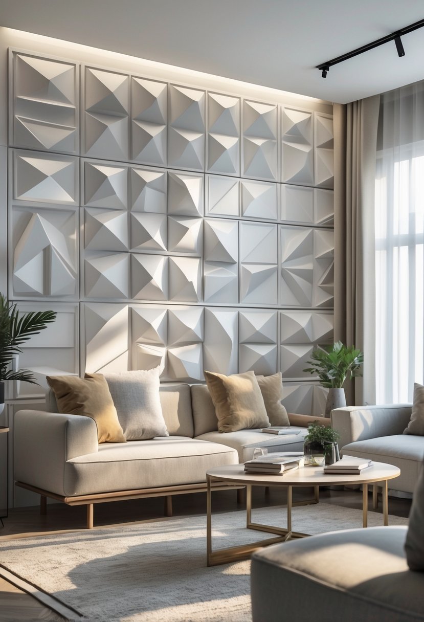 A living room with a sofa and coffee table in front of a wall covered with 3D geometric panels.