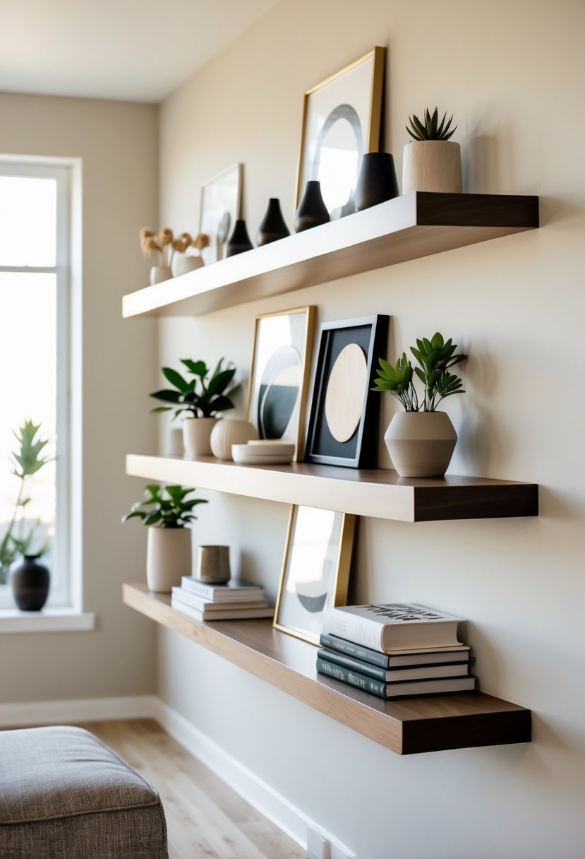 Living room wall with floating shelves displaying plants, vases, books, and decorative objects.