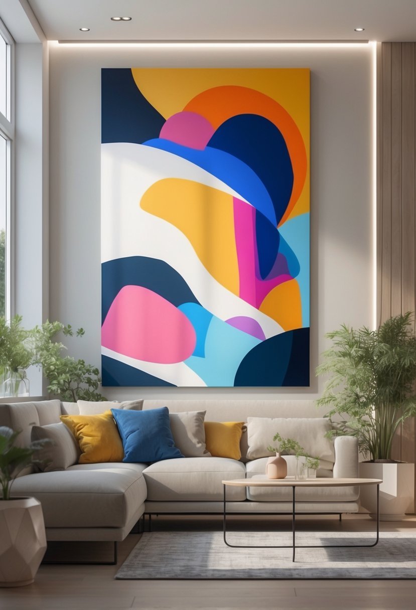 A modern living room with a large abstract canvas art on the wall, a sofa, coffee table, and plants.