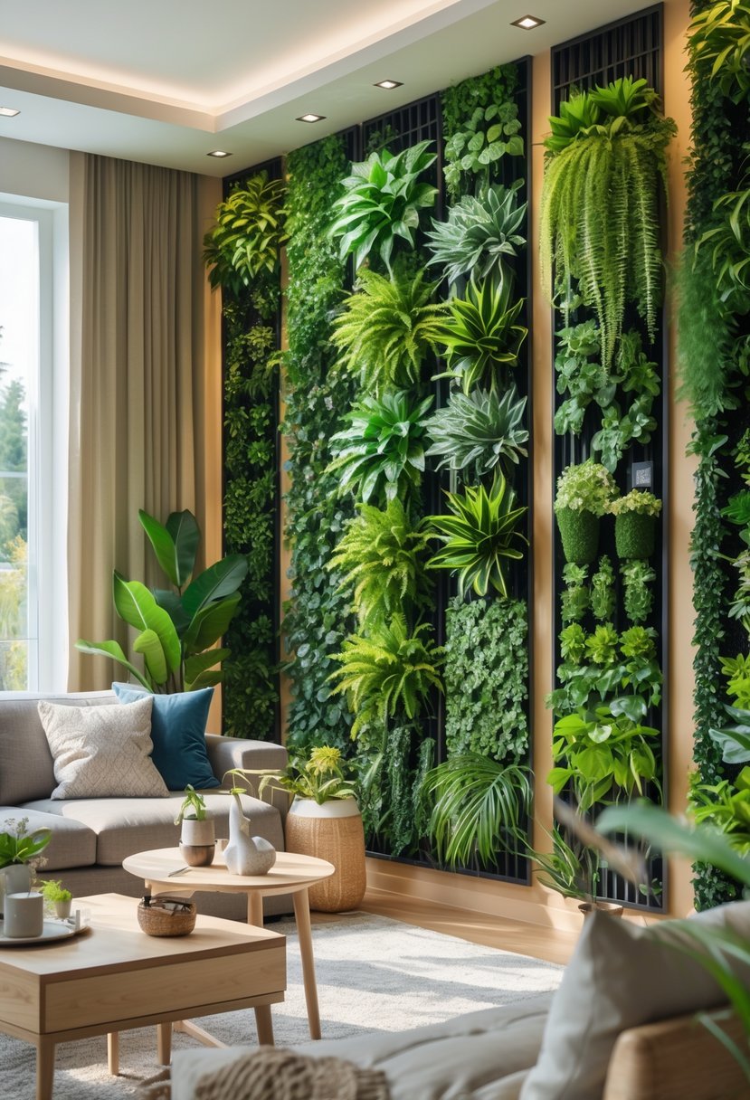 Living room with vertical indoor garden panels covering one wall, featuring various green plants and modern furniture.