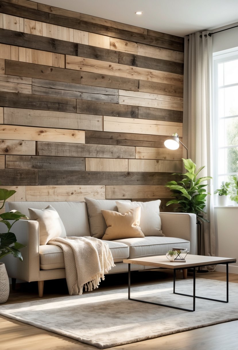 Living room with a large reclaimed wood accent wall, sofa, coffee table, and plants in natural light.