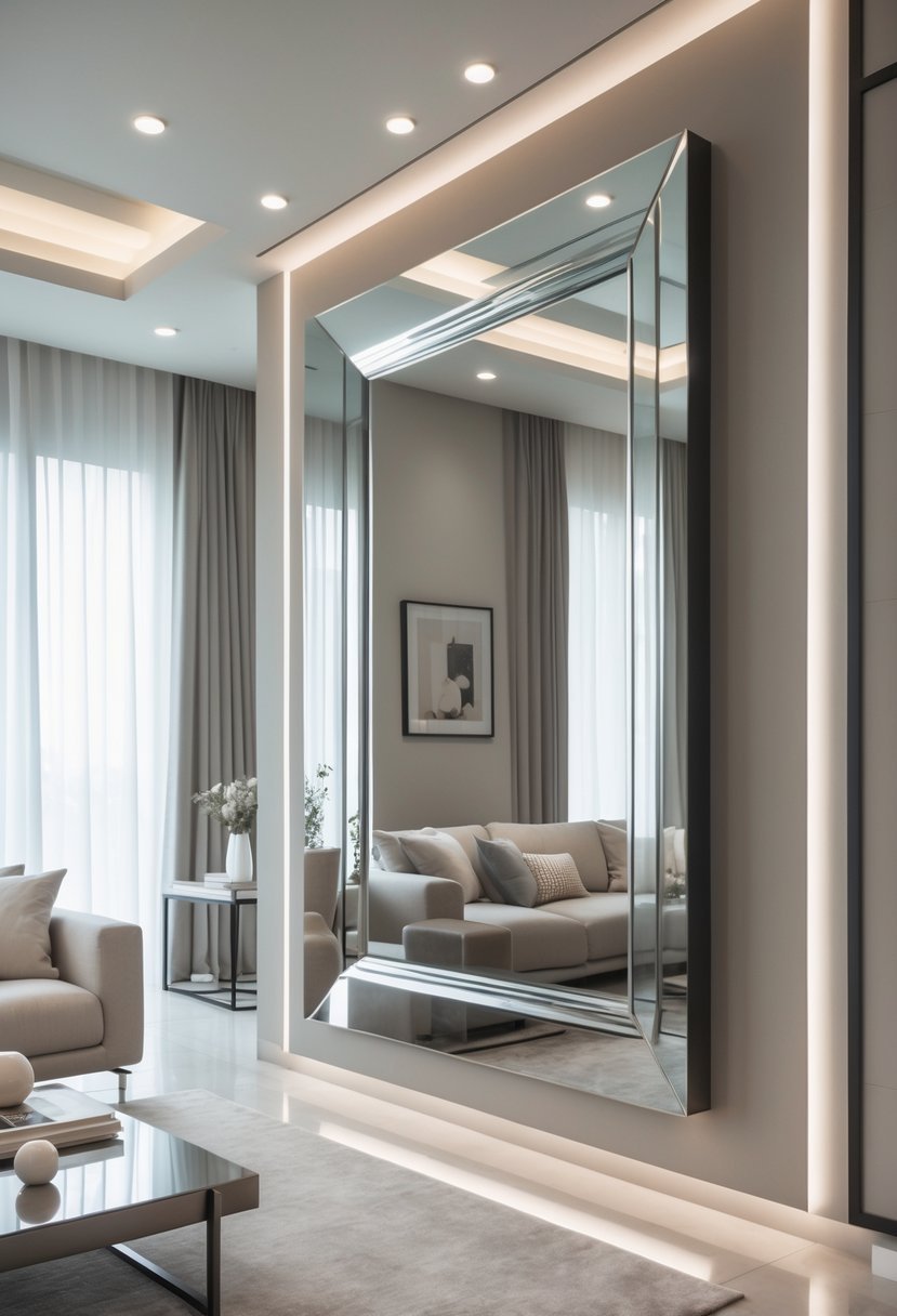 Living room with a large decorative mirror on the wall, a sofa, coffee table, and natural light coming through windows.
