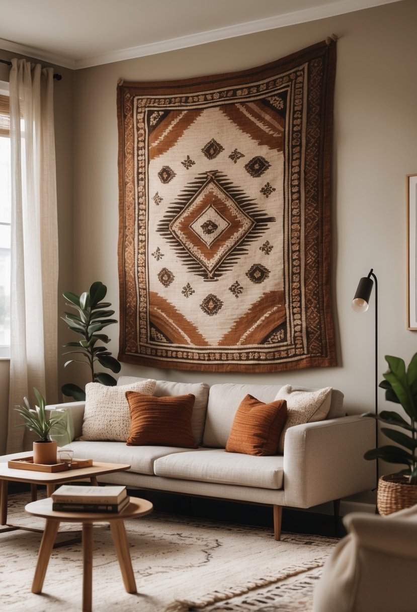 Living room with a handwoven tapestry hanging on the wall above a sofa, accompanied by a coffee table and indoor plants.