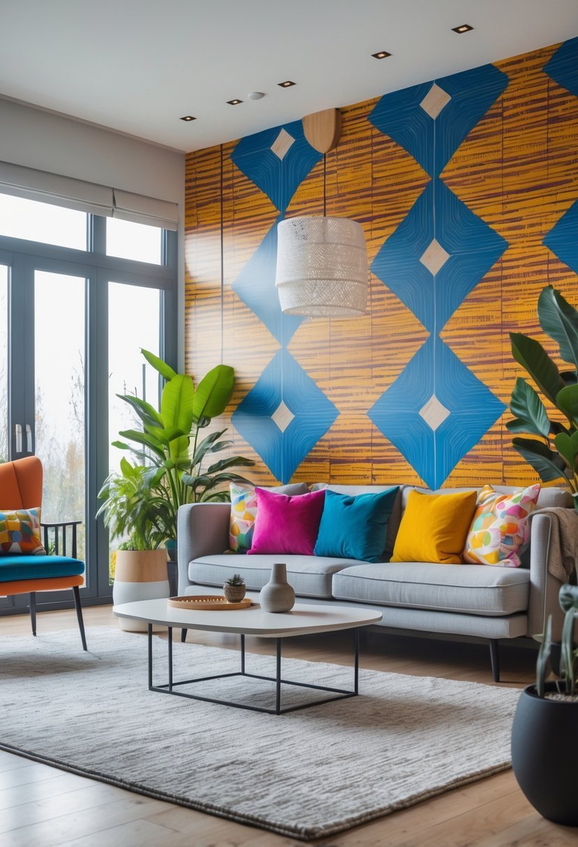 Living room with a sofa in front of a wall covered in bold patterned wallpaper, featuring plants and a coffee table.