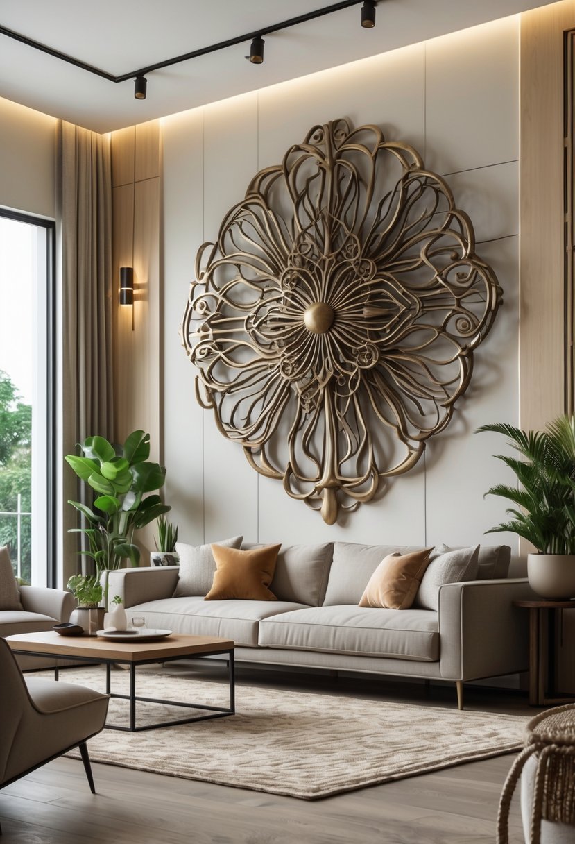A living room with a sofa and a large metal wall sculpture above it, decorated with plants and a coffee table.