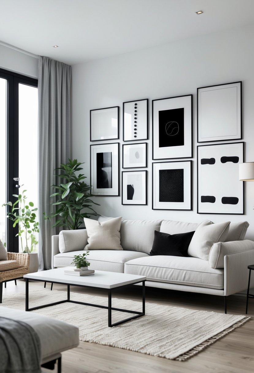Living room with a sofa, coffee table, black and white framed artworks on the wall, a floor lamp, and a small indoor plant.